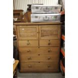 19th century Satin Walnut Tall Boy comprising shallow two door cupboard above chest of two short