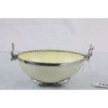 South African Sterling Silver & Ostrich egg Bon Bon dish on ball feet with Deer handles. Marked to