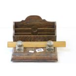 Edwardian oak Standish letter rack and ruler