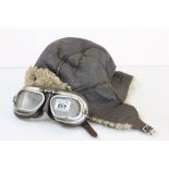 Vintage Aviation Googles and an Aviation Leather and Sheepskin Hat
