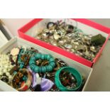 Two boxes of vintage & modern costume jewellery, one with quantity of spoons