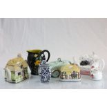 Mixed Lot of Ceramics including Sadler Green Racing Car Teapot (a/f), other Novelty Teapots, Blue