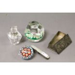 Mixed collectables to include Paperweights, Scent bottle and a multi tool Penknife with mother of