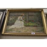 Gilt Framed Oil on Canvas of Edwardian Lady in her Garden signed Helen H Hatton (1860-1904).