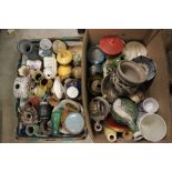 Large quantity of studio pottery in two boxes.