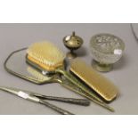 Pair of glove stretchers with white metal handles, vintage brush set, brass ware etc