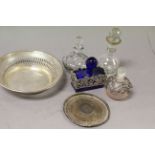 Collection of items to include; white metal dish & coin set small plate plus four scent bottles
