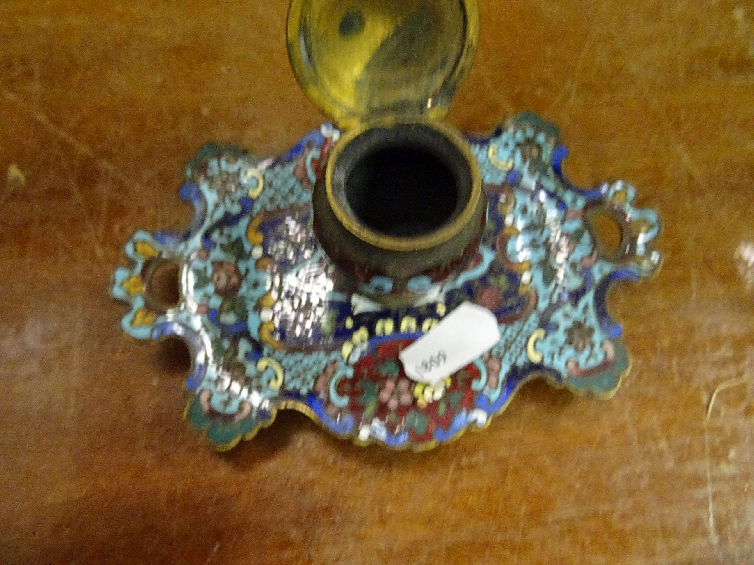 Chinese Cloisonne enamel ink stand and pot with floral decoration & two glass inkwells - Image 8 of 12