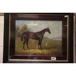 An ebonised framed oil painting study of a thoroughbred horse in a landscape