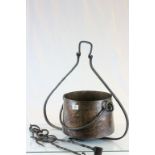 Arts and Crafts Hammered Copper Cauldron with Iron Handle complete with Iron Hanging Frame