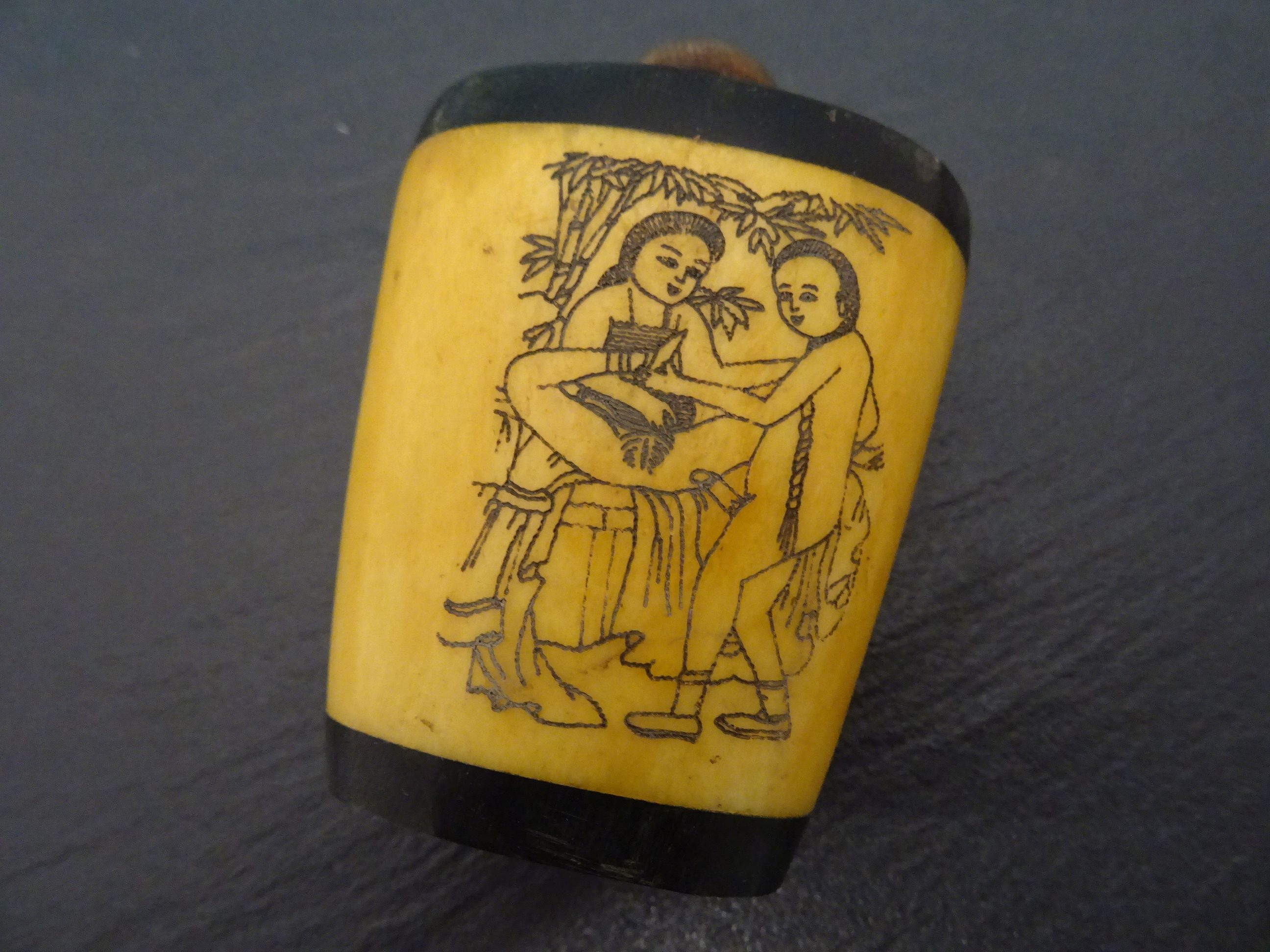 Wood and bone snuff bottle decorated with erotic scenes