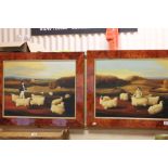 Modern framed pair of Georgian style Oil on board pictures of Farmers with Sheep