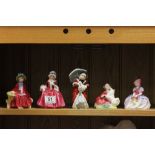 Five Small Royal Doulton Figurines - Monica HN 1467, Home Again HN2167, Miss Muffet HN 1936, Lavinia