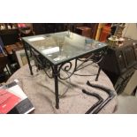 Contemporary Square Coffee Table with Wrought Iron Base and Glass Top