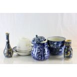 Collection of mainly blue & white pottery & ceramics plus an Art Deco style glass light shade