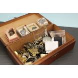 Cigar box of mixed collectables including jewellery and watches
