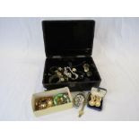 Japanese black lacquered box with contents to include costume jewellery & watches