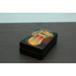 Vintage hinged Russian hand painted lacquered box with applied gold leaf & signed by the Artist