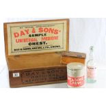 Vintage wooden box marked "day & Sons Sample Universal Medicine Chest with Tin, Jar & Bottle