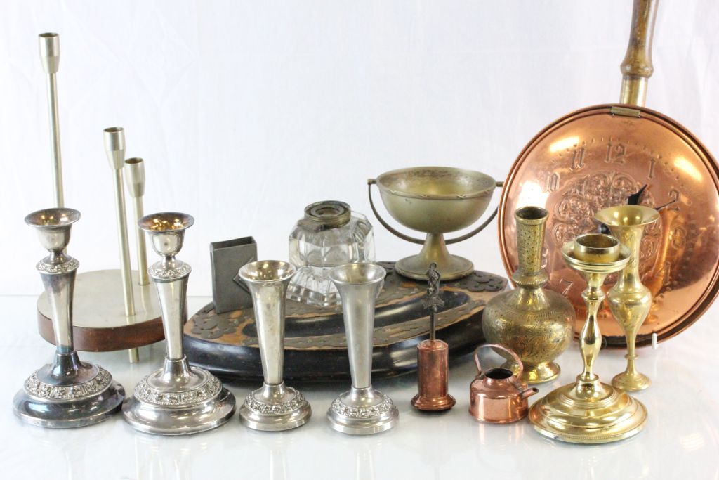 Box of mixed metalware to include; ink stand, candlesticks, scales etc