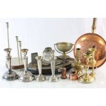 Box of mixed metalware to include; ink stand, candlesticks, scales etc