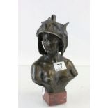 Heavy cast Bronze bust of a lady in winged helmet with a marble base