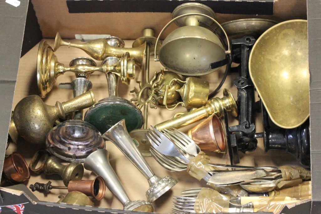 Box of mixed metalware to include; ink stand, candlesticks, scales etc - Image 2 of 2