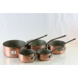 Set of Five Copper Graduating Saucepans with Iron Handles