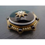 Victorian Bullseye Agate, Gold & Seed Pearl mourning brooch