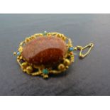Yellow metal, Goldstone & Turquoise brooch