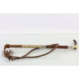 Early 20th century Hunting Whip with Horn Handle and plaited leather leash