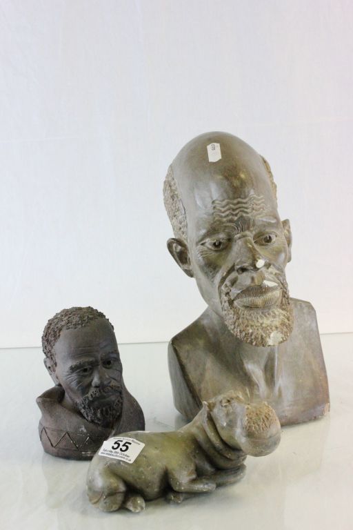 African Stone Carving of a Hippo and a Male Head plus Clay Bust of an African Male