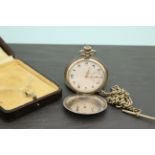 Silver Niello hunter pocket watch with box & chain