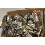 Large box of silver plated items to include candlesticks, goblets, coffee pots etc