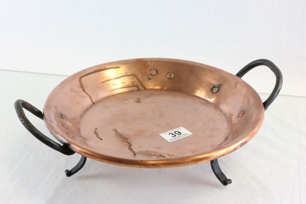 Arts and Crafts Style Copper Pan with Wrought Iron Handles and raised on Three Wrought Iron Legs