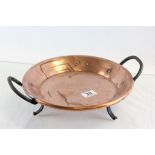 Arts and Crafts Style Copper Pan with Wrought Iron Handles and raised on Three Wrought Iron Legs