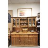Large Pine Dresser with Part Glazed and Open Shelves above three drawers and three cupboard doors