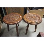 Pair of Oak Three Legged Stools, both with carved tops, one being a dragon design