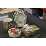 Ceramic picture frame made by Masons in the green chartreuse design, Old Tuptonware trinket dish,