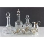 Three cut glass Decanters and assorted silver plated items