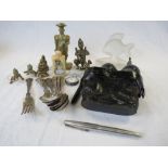 Mixed collectables to include; Asian Bronze figures, silver pocket watch, fountain pens etc