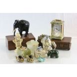 Box of mixed collectables to include; lighters, wooden cigarette boxes, hardstone frog etc