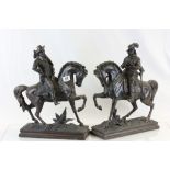 Large pair of spelter figures depicting Cavaliers on horseback