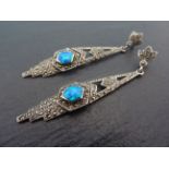 A pair of Marcasite and blue opal drop earrings