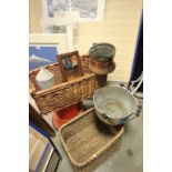 Mixed Lot including Two Wicker Baskets, Agricultural Feeding Equipment, Copper Bucket, Mirrors, etc