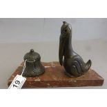 Art Deco marble based standish with bronzed pelican and inkwell