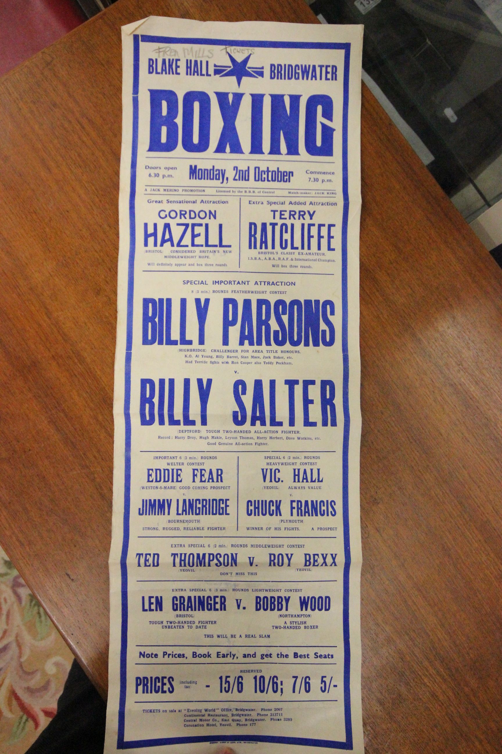 Boxing - Promotional poster, Blake Hall Bridgwater Monday 2 Oct probably 1950s, including Billy