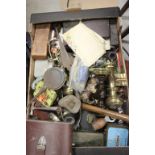 A box of sundries to include a cased leatherman ,vintage binoculars spearhead,brassware etc.