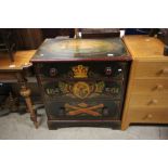 Pine Chest of Three Long Drawers completely painted with a Sailing Ship, Crown, Crest and Canon's