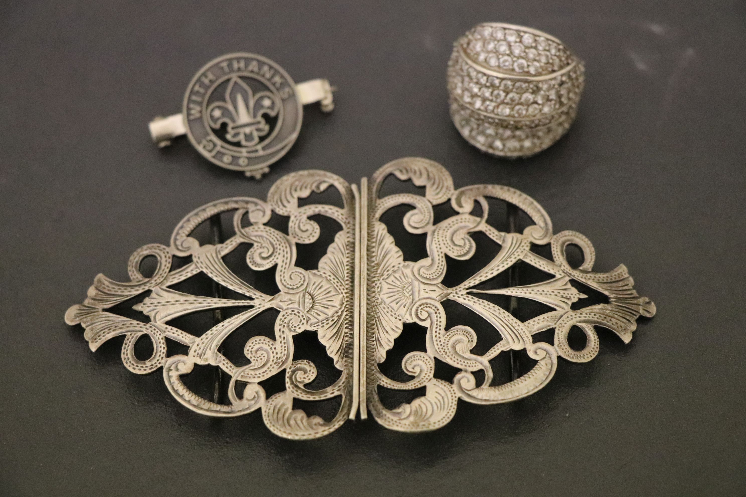 Hallmarked Silver Nurses Belt buckle, silver ring and a Hallmarked silver Scouts badge